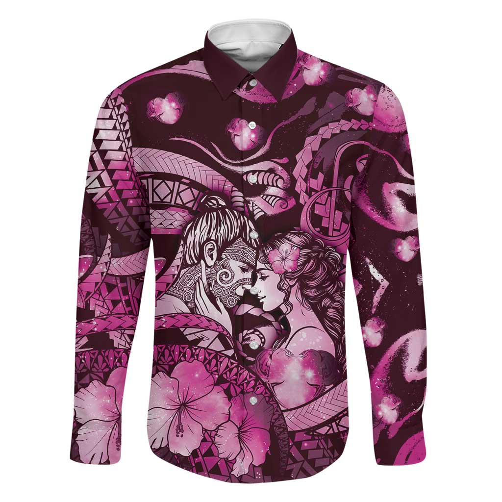 Personalised Maori Romantic Valentine Family Matching Puletasi and Hawaiian Shirt The Hongi Kiss Pink Galaxy DT05 Dad's Shirt - Long Sleeve Pink - Polynesian Pride