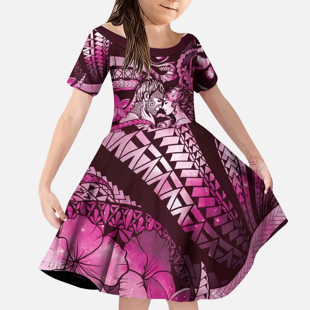 Personalised Maori Romantic Valentine Family Matching Tank Maxi Dress and Hawaiian Shirt The Hongi Kiss Pink Galaxy DT05 Daughter's Dress Pink - Polynesian Pride