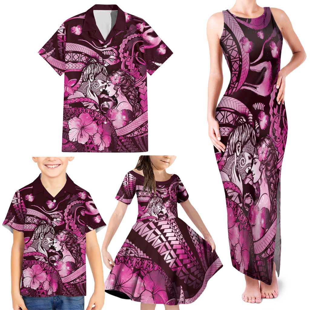 Personalised Maori Romantic Valentine Family Matching Tank Maxi Dress and Hawaiian Shirt The Hongi Kiss Pink Galaxy DT05 - Polynesian Pride