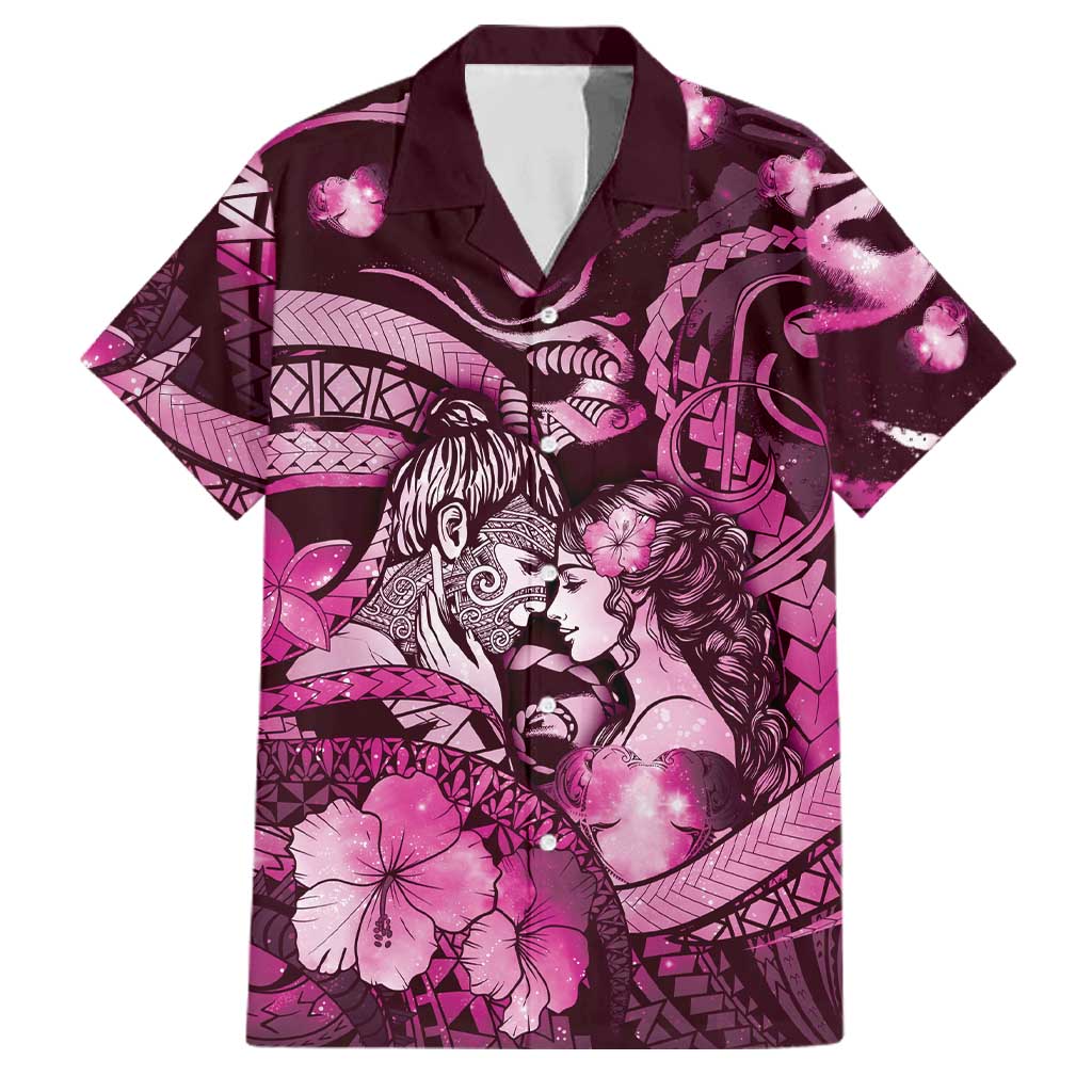 Personalised Maori Romantic Valentine Family Matching Tank Maxi Dress and Hawaiian Shirt The Hongi Kiss Pink Galaxy DT05 Dad's Shirt - Short Sleeve Pink - Polynesian Pride