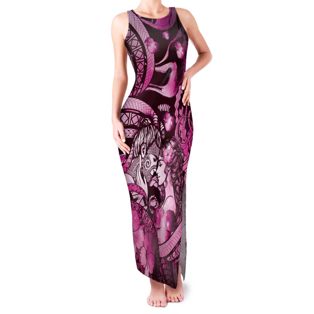 Personalised Maori Romantic Valentine Family Matching Tank Maxi Dress and Hawaiian Shirt The Hongi Kiss Pink Galaxy DT05 Mom's Dress Pink - Polynesian Pride