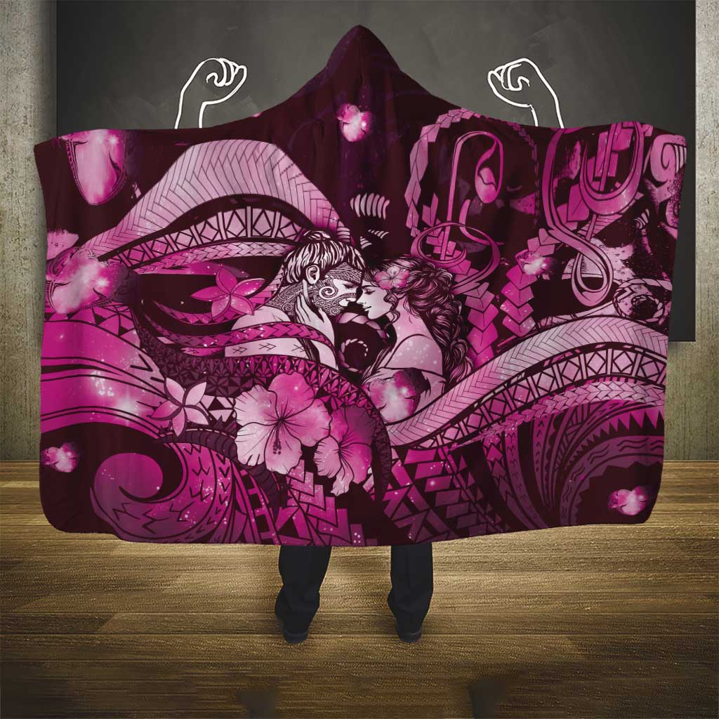 Maori Romantic Valentine Hooded Blanket The Hongi Kiss Pink Galaxy