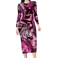 Personalised Maori Romantic Valentine Long Sleeve Bodycon Dress The Hongi Kiss Pink Galaxy DT05 Long Dress Pink - Polynesian Pride