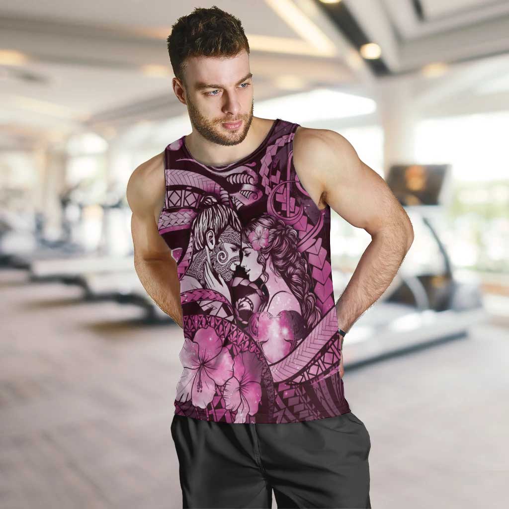 Personalised Maori Romantic Valentine Men Tank Top The Hongi Kiss Pink Galaxy