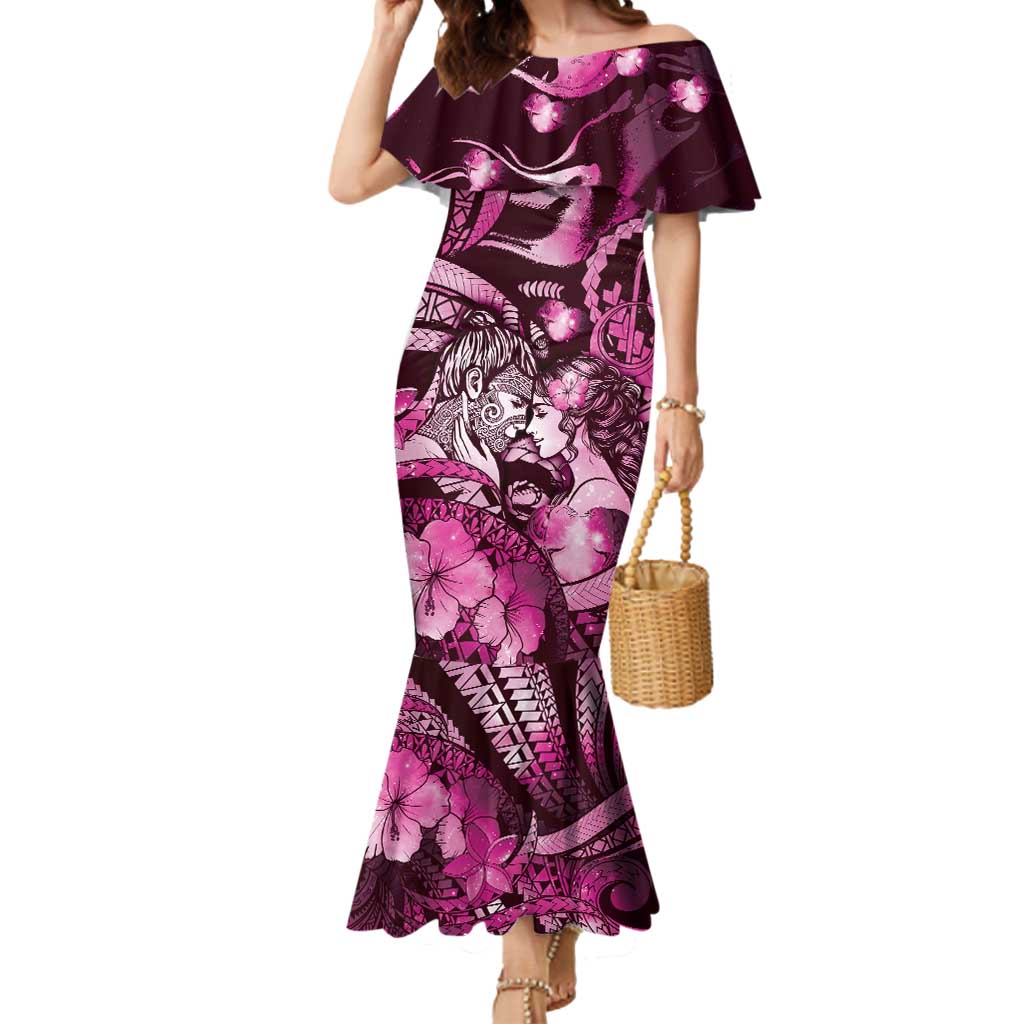 Personalised Maori Romantic Valentine Mermaid Dress The Hongi Kiss Pink Galaxy
