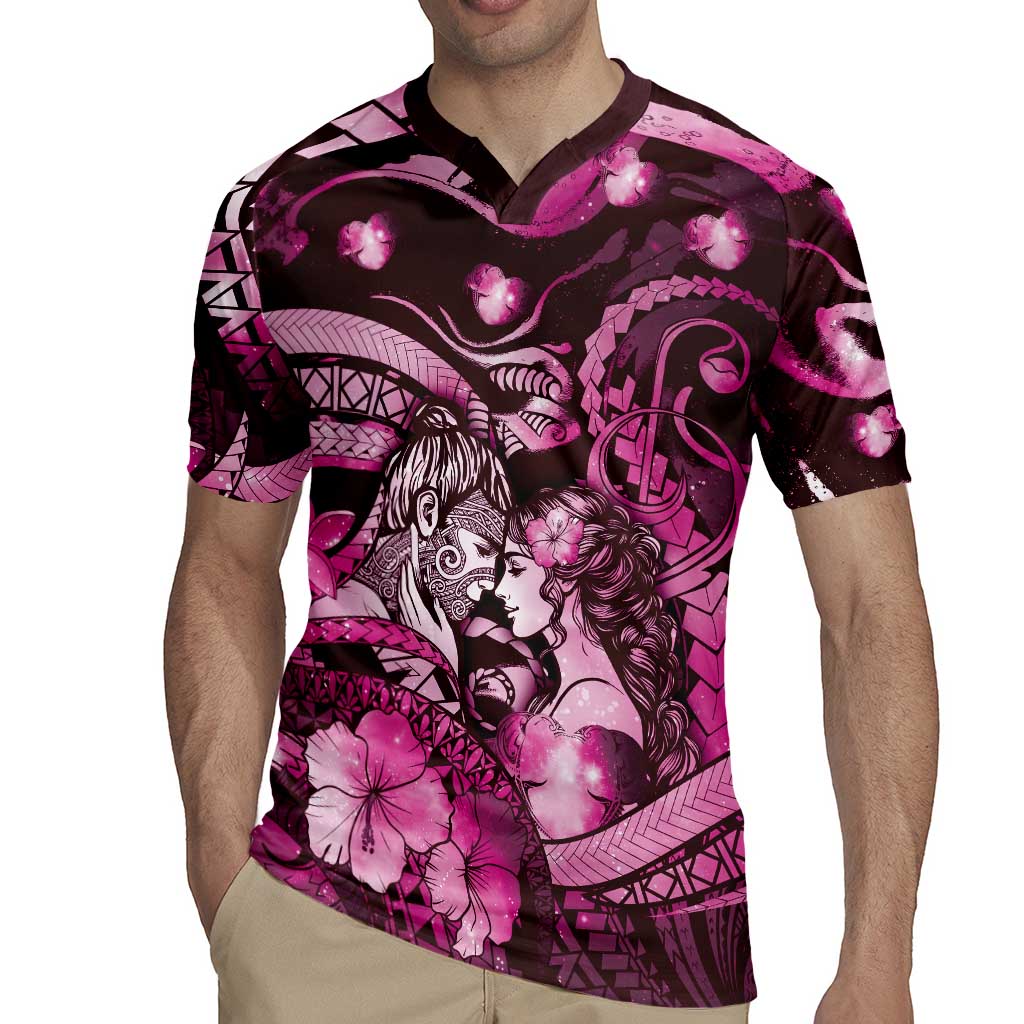 Personalised Maori Romantic Valentine Rugby Jersey The Hongi Kiss Pink Galaxy