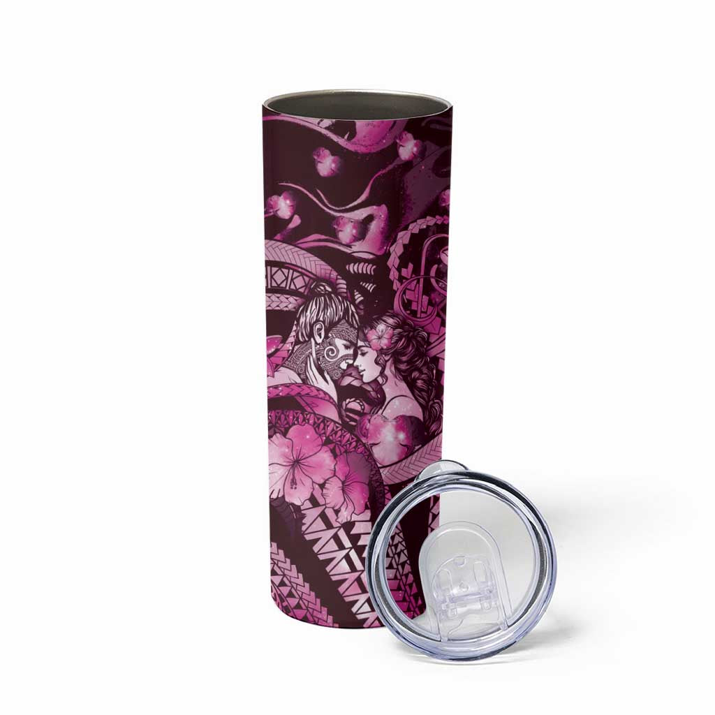 Personalised Maori Romantic Valentine Skinny Tumbler The Hongi Kiss Pink Galaxy DT05 - Polynesian Pride