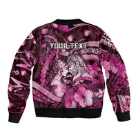 Personalised Maori Romantic Valentine Sleeve Zip Bomber Jacket The Hongi Kiss Pink Galaxy