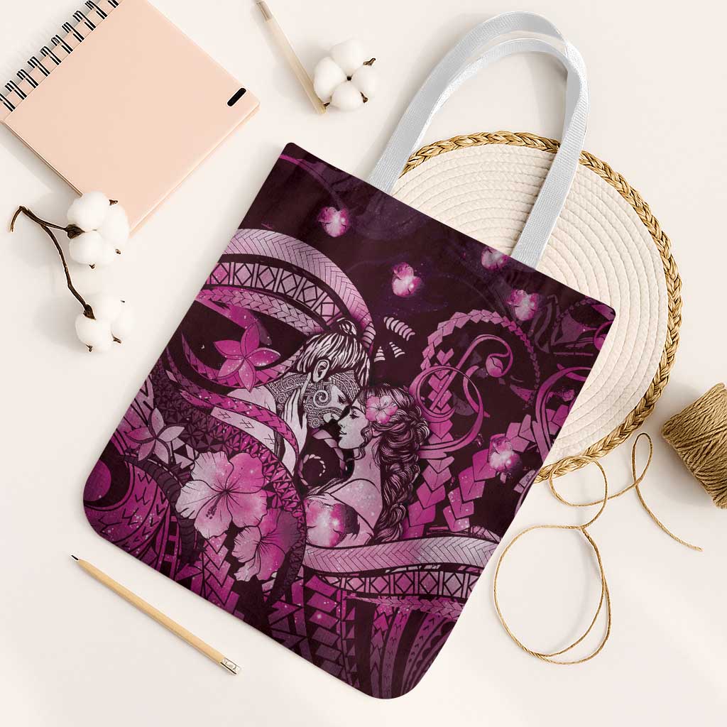 Maori Romantic Valentine Tote Bag The Hongi Kiss Pink Galaxy
