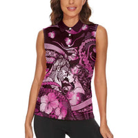 Personalised Maori Romantic Valentine Women Sleeveless Polo Shirt The Hongi Kiss Pink Galaxy DT05 - Polynesian Pride