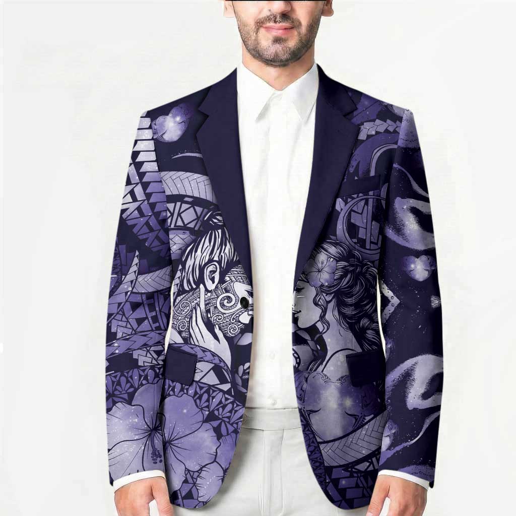 Personalised Maori Romantic Valentine Blazer The Hongi Kiss Purple Galaxy