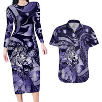 Personalised Maori Romantic Valentine Couples Matching Long Sleeve Bodycon Dress and Hawaiian Shirt The Hongi Kiss Purple Galaxy DT05 Purple - Polynesian Pride