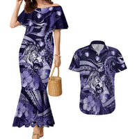 Personalised Maori Romantic Valentine Couples Matching Mermaid Dress and Hawaiian Shirt The Hongi Kiss Purple Galaxy DT05 Purple - Polynesian Pride