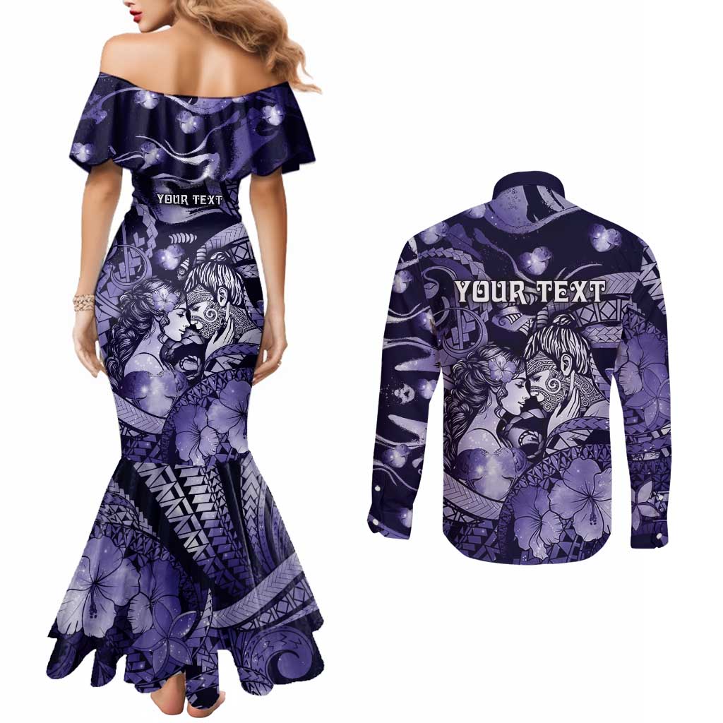 Personalised Maori Romantic Valentine Couples Matching Mermaid Dress and Long Sleeve Button Shirt The Hongi Kiss Purple Galaxy DT05 - Polynesian Pride