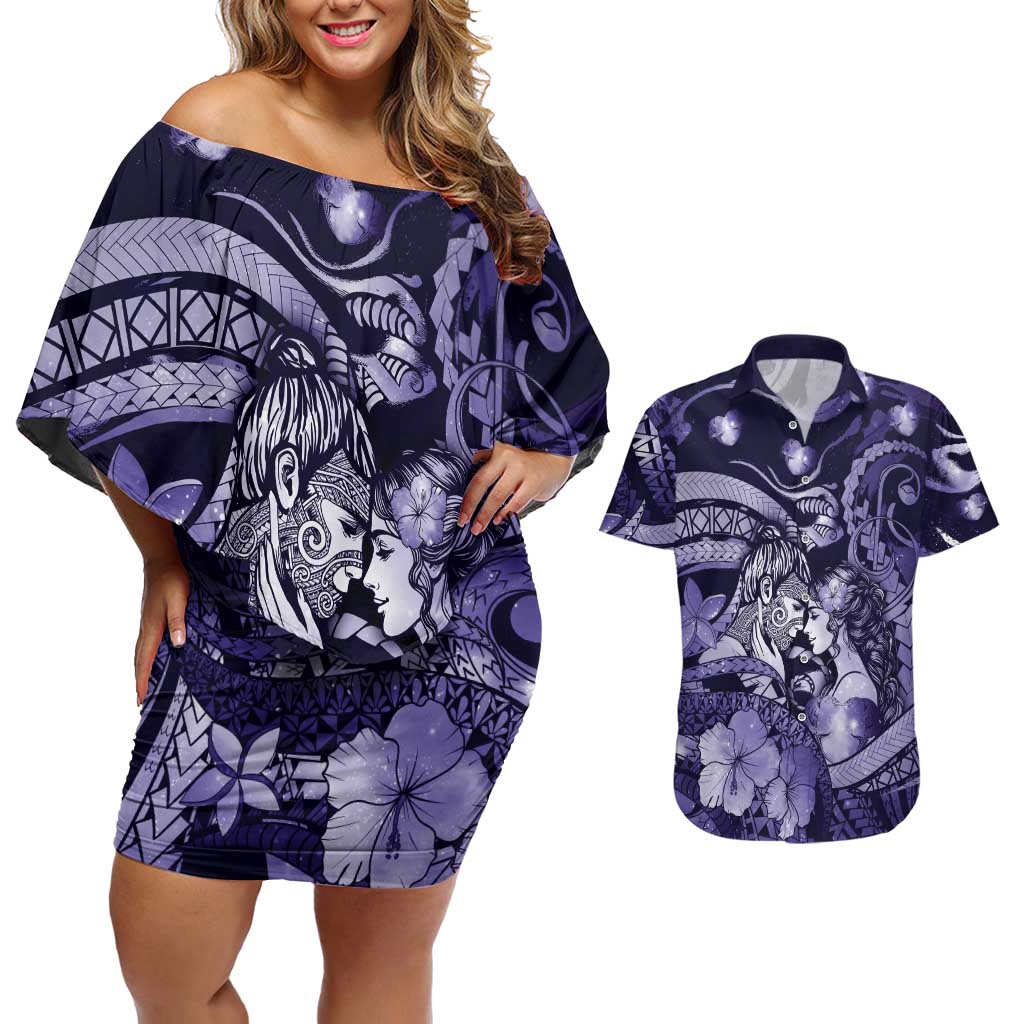 Personalised Maori Romantic Valentine Couples Matching Off Shoulder Short Dress and Hawaiian Shirt The Hongi Kiss Purple Galaxy DT05 Purple - Polynesian Pride