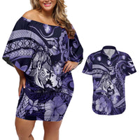 Personalised Maori Romantic Valentine Couples Matching Off Shoulder Short Dress and Hawaiian Shirt The Hongi Kiss Purple Galaxy DT05 Purple - Polynesian Pride