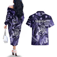 Personalised Maori Romantic Valentine Couples Matching Off The Shoulder Long Sleeve Dress and Hawaiian Shirt The Hongi Kiss Purple Galaxy DT05 - Polynesian Pride