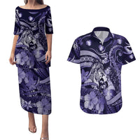 Personalised Maori Romantic Valentine Couples Matching Puletasi and Hawaiian Shirt The Hongi Kiss Purple Galaxy DT05 Purple - Polynesian Pride