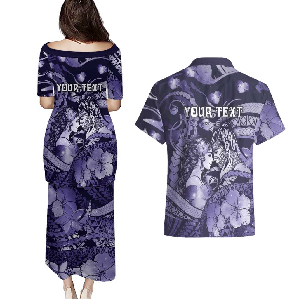 Personalised Maori Romantic Valentine Couples Matching Puletasi and Hawaiian Shirt The Hongi Kiss Purple Galaxy DT05 - Polynesian Pride