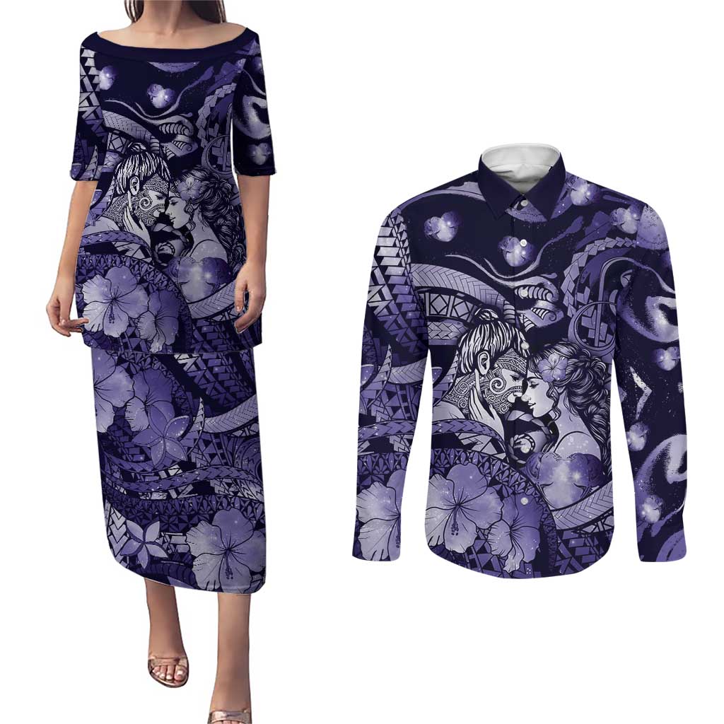 Personalised Maori Romantic Valentine Couples Matching Puletasi and Long Sleeve Button Shirt The Hongi Kiss Purple Galaxy