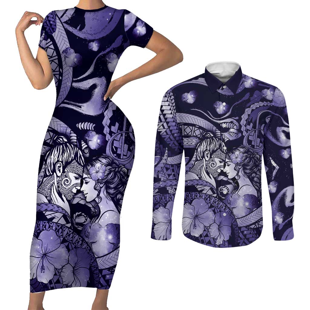 Personalised Maori Romantic Valentine Couples Matching Short Sleeve Bodycon Dress and Long Sleeve Button Shirt The Hongi Kiss Purple Galaxy DT05 Purple - Polynesian Pride