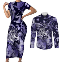 Personalised Maori Romantic Valentine Couples Matching Short Sleeve Bodycon Dress and Long Sleeve Button Shirt The Hongi Kiss Purple Galaxy DT05 Purple - Polynesian Pride