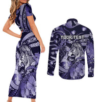 Personalised Maori Romantic Valentine Couples Matching Short Sleeve Bodycon Dress and Long Sleeve Button Shirt The Hongi Kiss Purple Galaxy DT05 - Polynesian Pride