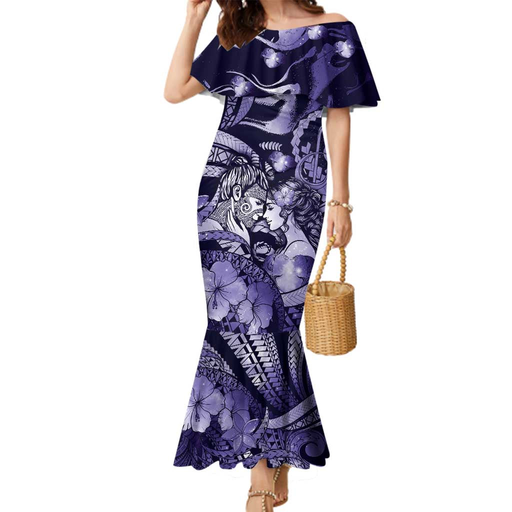 Personalised Maori Romantic Valentine Family Matching Mermaid Dress and Hawaiian Shirt The Hongi Kiss Purple Galaxy DT05 Mom's Dress Purple - Polynesian Pride