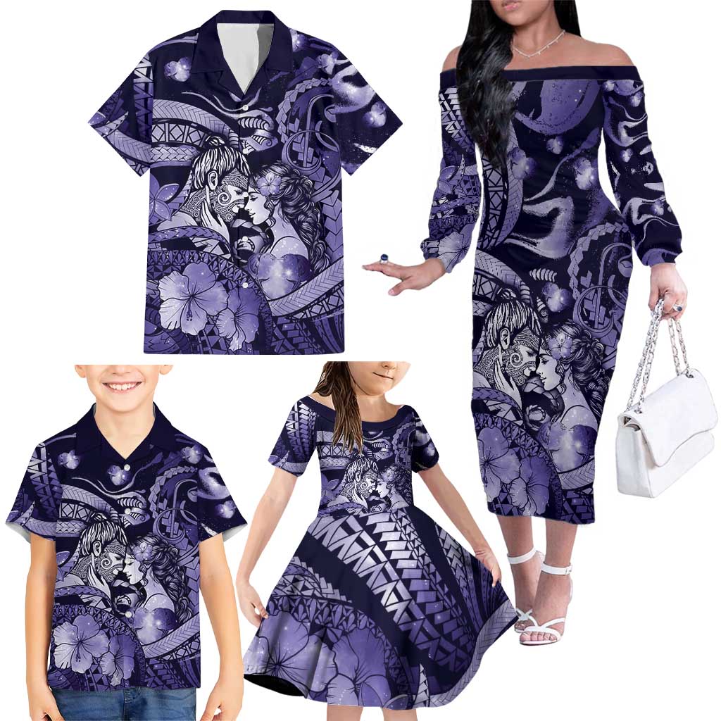Personalised Maori Romantic Valentine Family Matching Off The Shoulder Long Sleeve Dress and Hawaiian Shirt The Hongi Kiss Purple Galaxy DT05 - Polynesian Pride