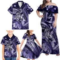 Personalised Maori Romantic Valentine Family Matching Off Shoulder Maxi Dress and Hawaiian Shirt The Hongi Kiss Purple Galaxy DT05 - Polynesian Pride