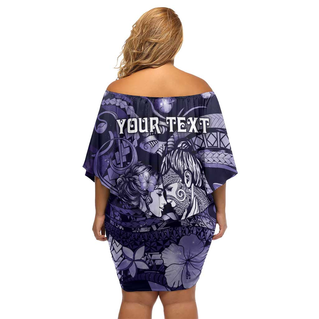 Personalised Maori Romantic Valentine Family Matching Off Shoulder Short Dress and Hawaiian Shirt The Hongi Kiss Purple Galaxy DT05 - Polynesian Pride