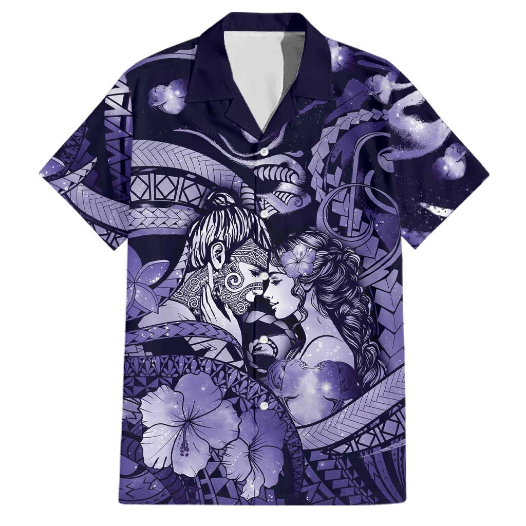 Personalised Maori Romantic Valentine Family Matching Puletasi and Hawaiian Shirt The Hongi Kiss Purple Galaxy DT05 Dad's Shirt - Short Sleeve Purple - Polynesian Pride
