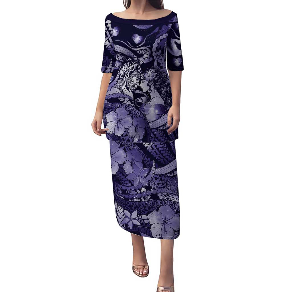 Personalised Maori Romantic Valentine Family Matching Puletasi and Hawaiian Shirt The Hongi Kiss Purple Galaxy DT05 Mom's Dress Purple - Polynesian Pride