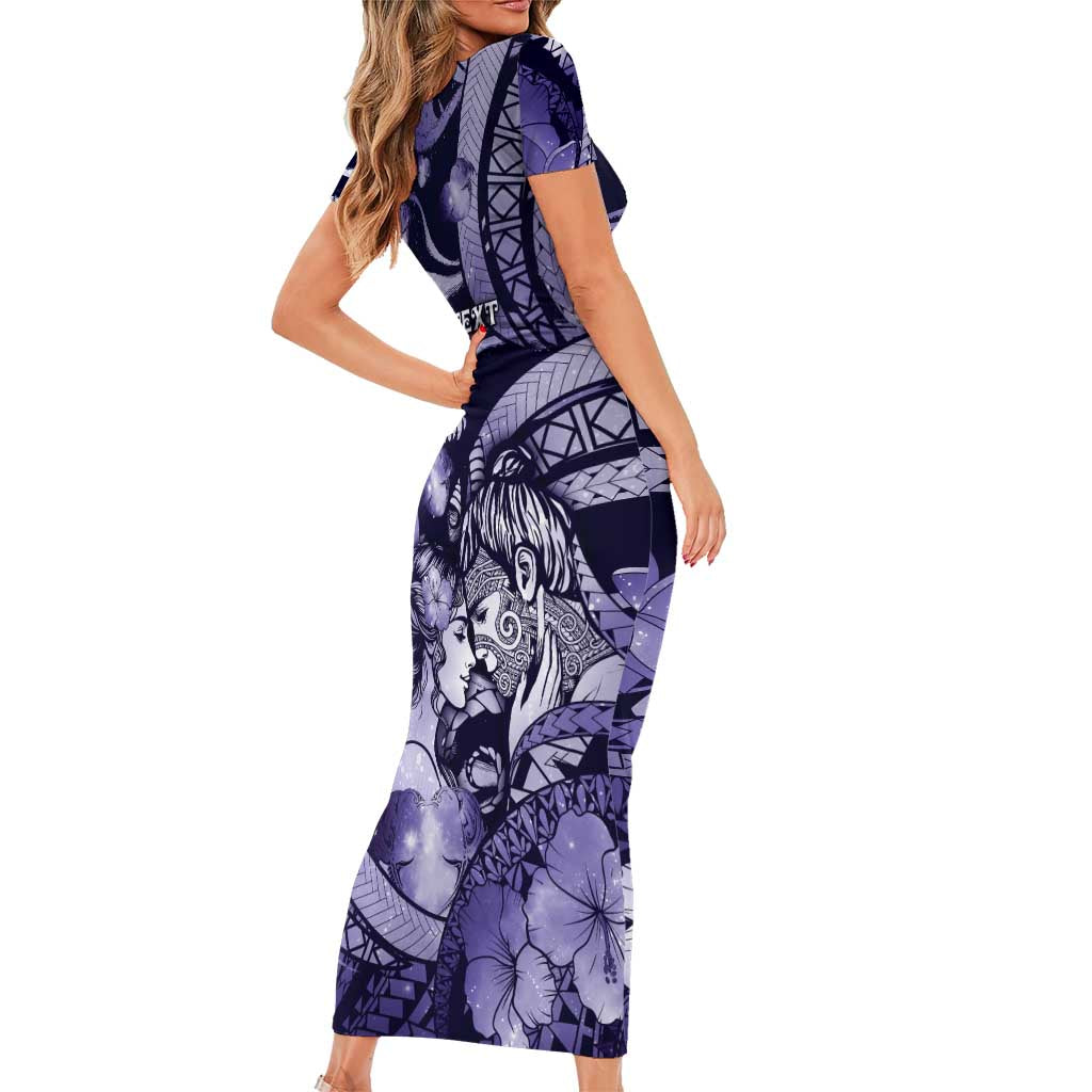 Personalised Maori Romantic Valentine Family Matching Short Sleeve Bodycon Dress and Hawaiian Shirt The Hongi Kiss Purple Galaxy DT05 - Polynesian Pride