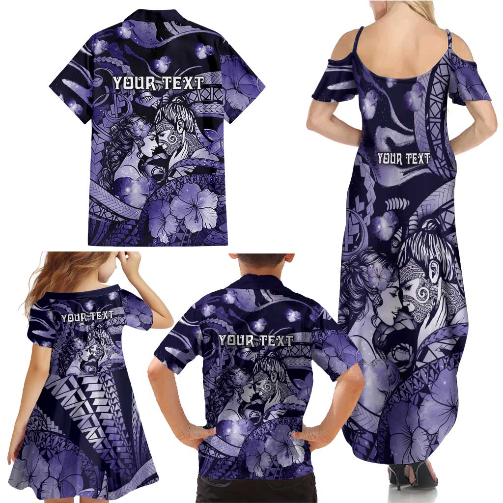 Personalised Maori Romantic Valentine Family Matching Summer Maxi Dress and Hawaiian Shirt The Hongi Kiss Purple Galaxy DT05 - Polynesian Pride