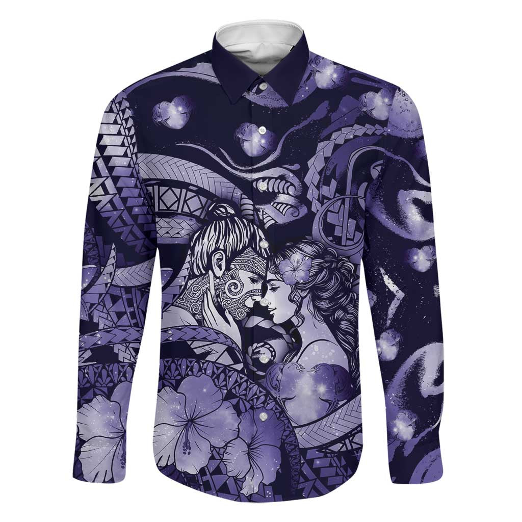 Personalised Maori Romantic Valentine Family Matching Summer Maxi Dress and Hawaiian Shirt The Hongi Kiss Purple Galaxy DT05 Dad's Shirt - Long Sleeve Purple - Polynesian Pride