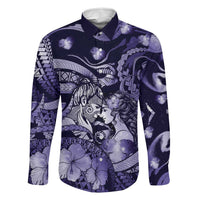 Personalised Maori Romantic Valentine Family Matching Summer Maxi Dress and Hawaiian Shirt The Hongi Kiss Purple Galaxy DT05 Dad's Shirt - Long Sleeve Purple - Polynesian Pride