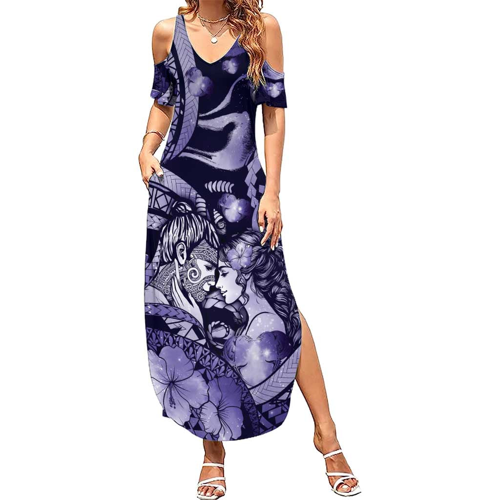 Personalised Maori Romantic Valentine Family Matching Summer Maxi Dress and Hawaiian Shirt The Hongi Kiss Purple Galaxy DT05 Mom's Dress Purple - Polynesian Pride