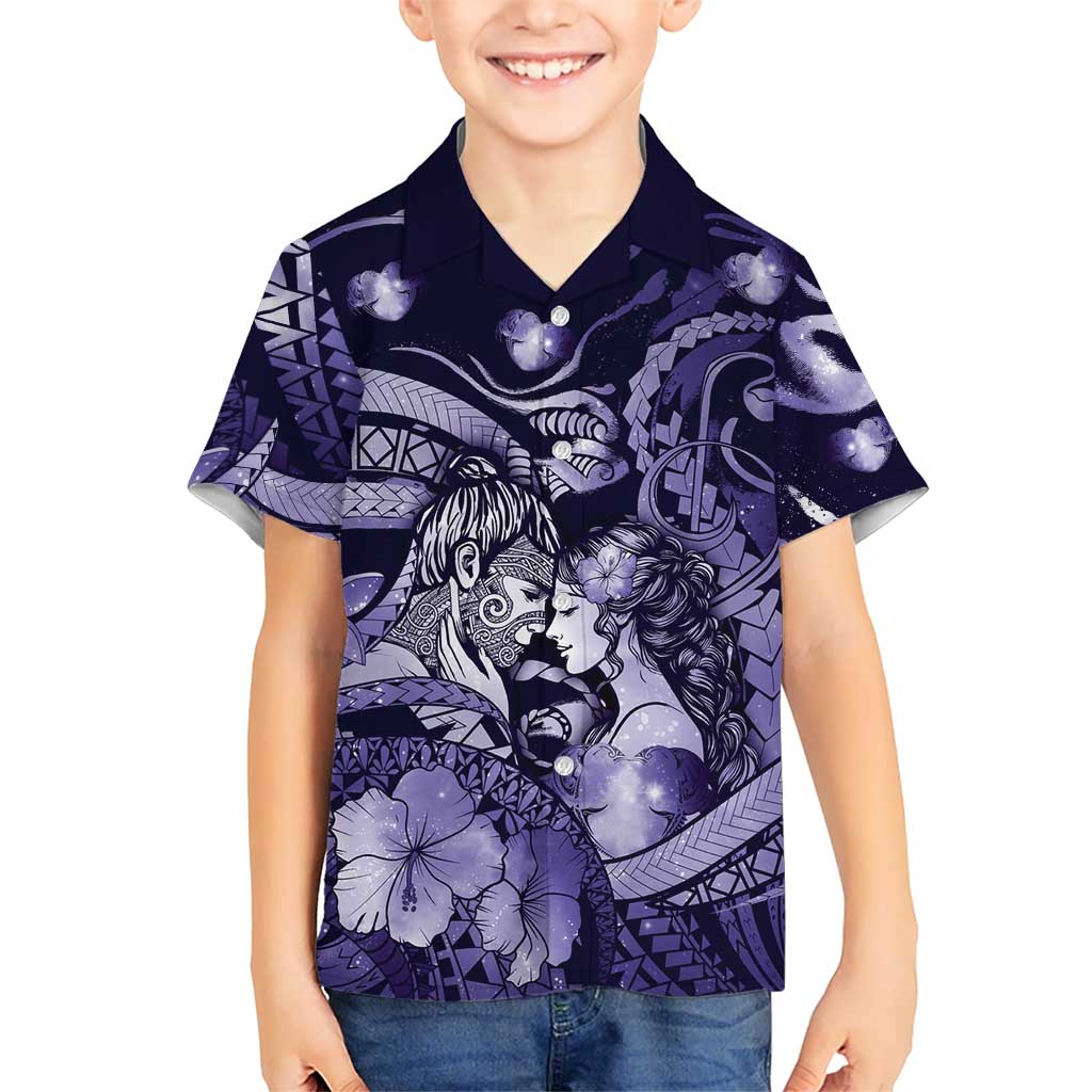 Personalised Maori Romantic Valentine Family Matching Summer Maxi Dress and Hawaiian Shirt The Hongi Kiss Purple Galaxy DT05 Son's Shirt Purple - Polynesian Pride