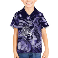 Personalised Maori Romantic Valentine Family Matching Summer Maxi Dress and Hawaiian Shirt The Hongi Kiss Purple Galaxy DT05 Son's Shirt Purple - Polynesian Pride