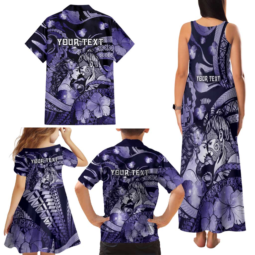 Personalised Maori Romantic Valentine Family Matching Tank Maxi Dress and Hawaiian Shirt The Hongi Kiss Purple Galaxy DT05 - Polynesian Pride
