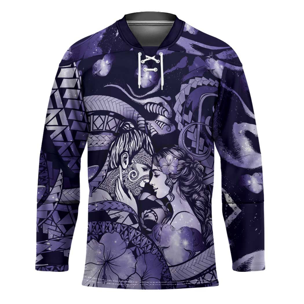 Personalised Maori Romantic Valentine Hockey Jersey The Hongi Kiss Purple Galaxy