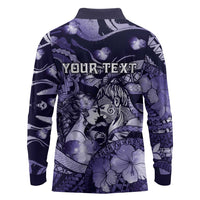 Personalised Maori Romantic Valentine Long Sleeve Polo Shirt The Hongi Kiss Purple Galaxy