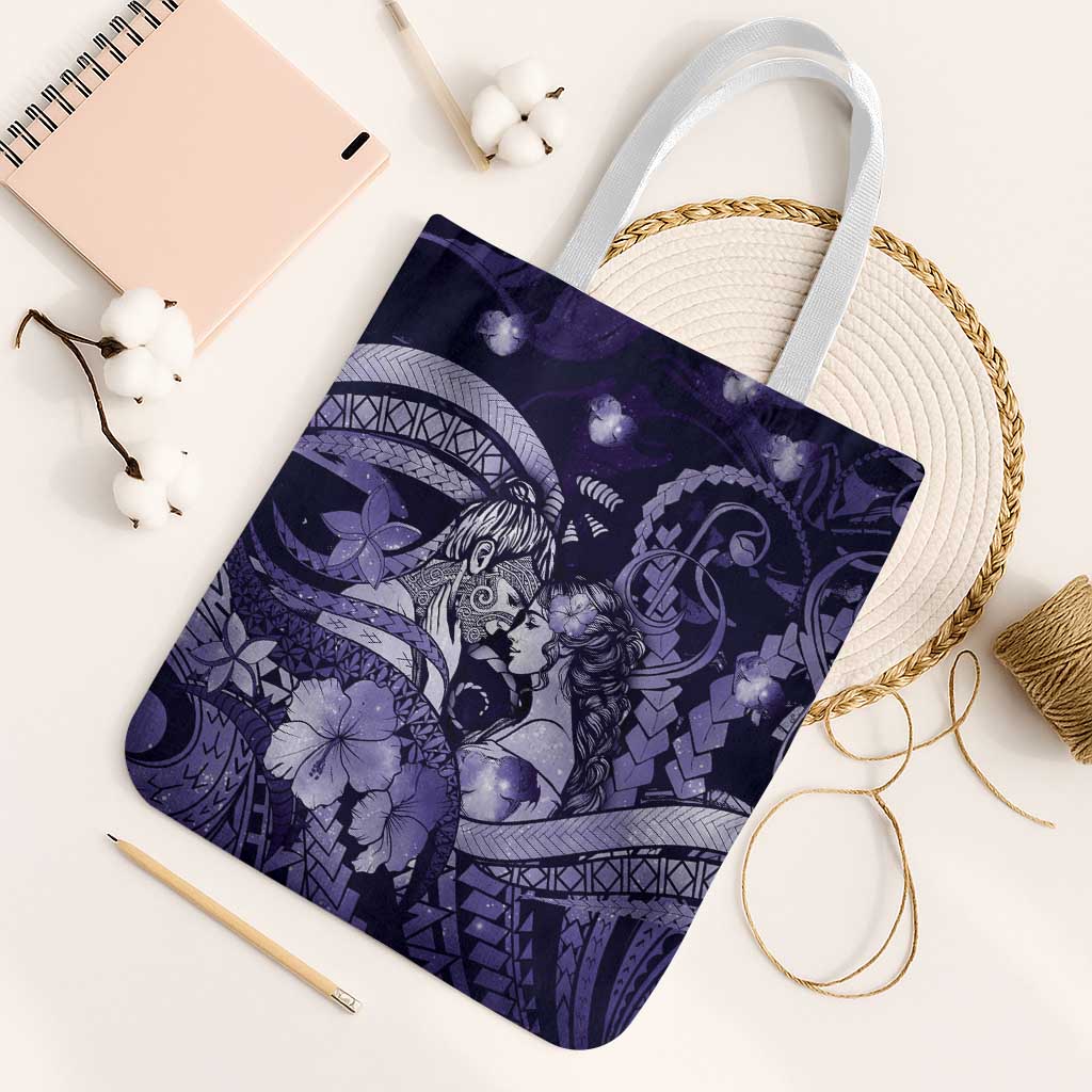 Maori Romantic Valentine Tote Bag The Hongi Kiss Purple Galaxy
