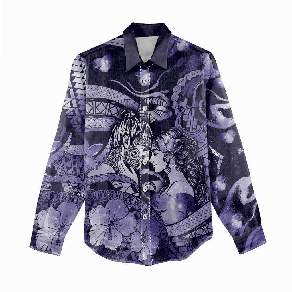 Personalised Maori Romantic Valentine Women Casual Shirt The Hongi Kiss Purple Galaxy DT05 - Polynesian Pride