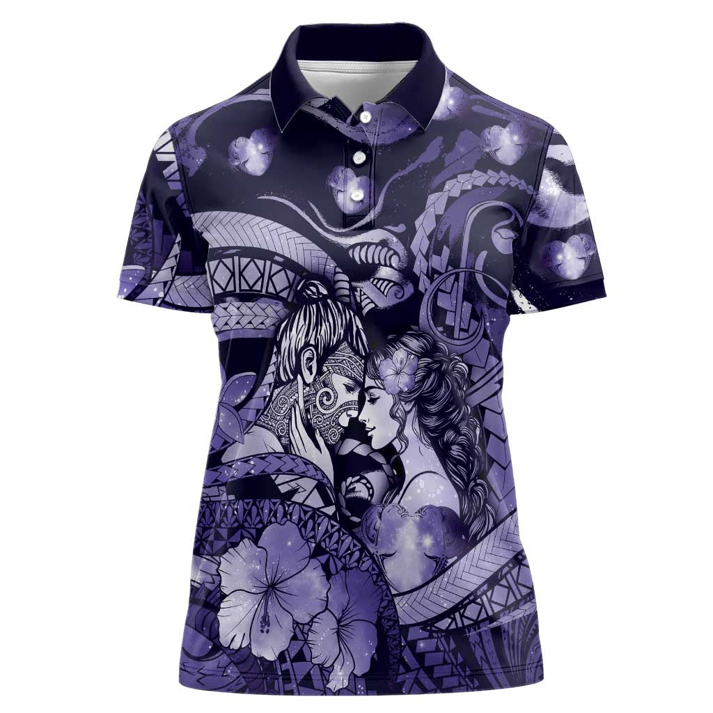 Personalised Maori Romantic Valentine Women Polo Shirt The Hongi Kiss Purple Galaxy DT05 Female Purple - Polynesian Pride