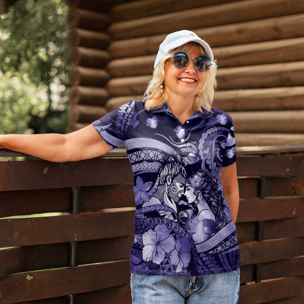 Personalised Maori Romantic Valentine Women Polo Shirt The Hongi Kiss Purple Galaxy DT05 - Polynesian Pride