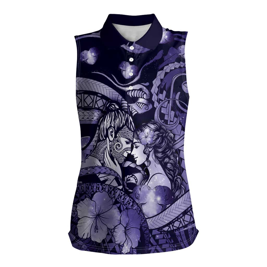 Personalised Maori Romantic Valentine Women Sleeveless Polo Shirt The Hongi Kiss Purple Galaxy DT05 Female Purple - Polynesian Pride