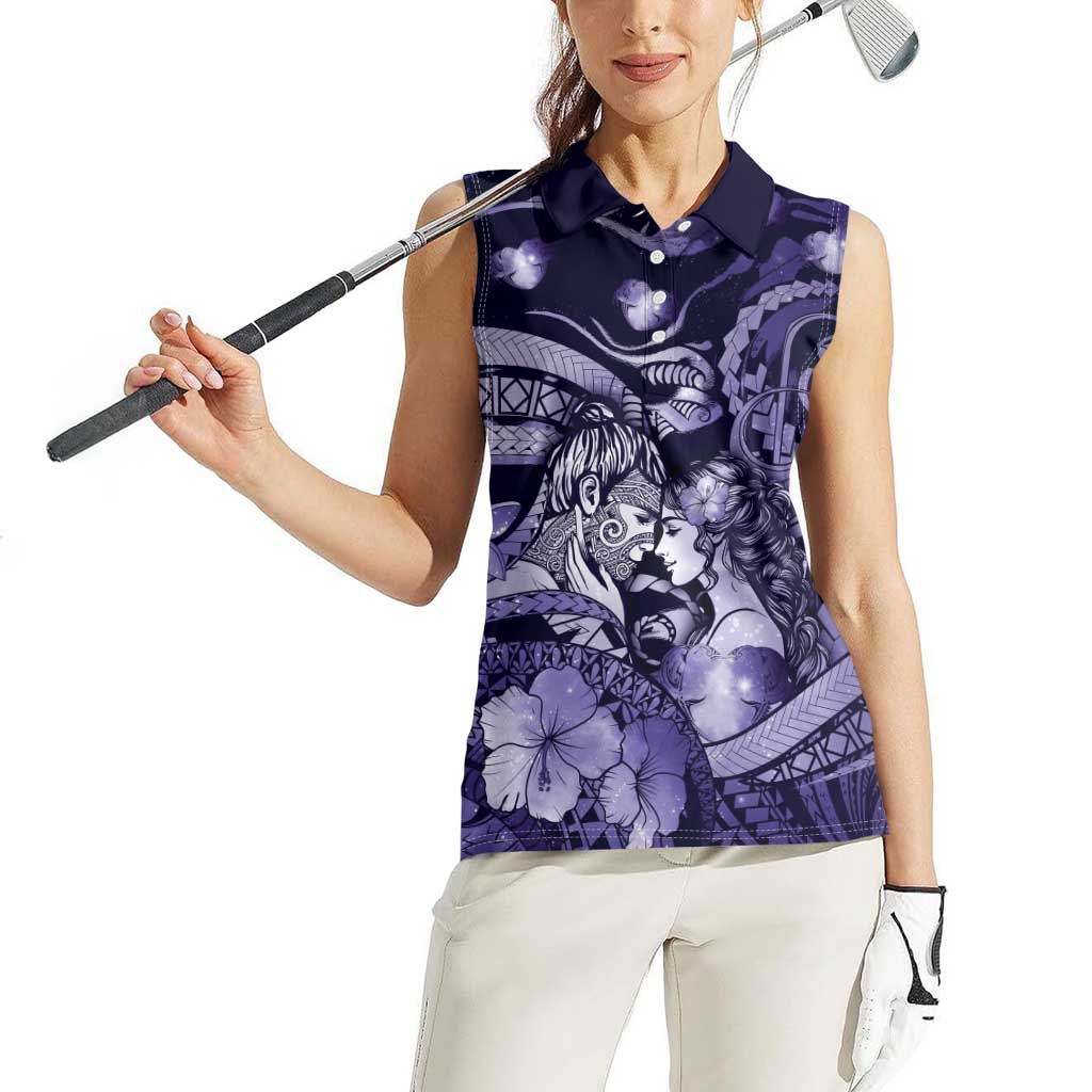 Personalised Maori Romantic Valentine Women Sleeveless Polo Shirt The Hongi Kiss Purple Galaxy DT05 - Polynesian Pride
