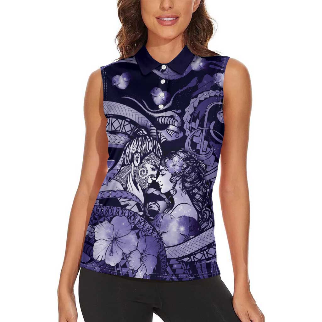 Personalised Maori Romantic Valentine Women Sleeveless Polo Shirt The Hongi Kiss Purple Galaxy DT05 - Polynesian Pride